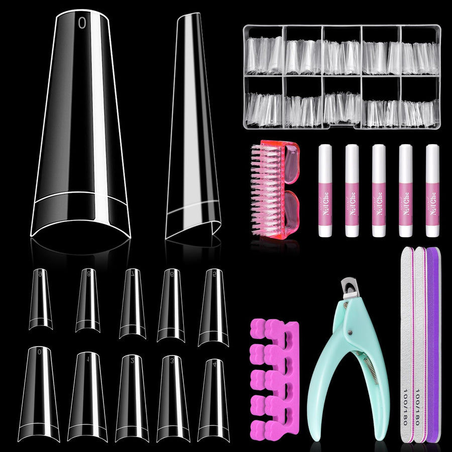 Coffin Nail Tips, 500Pcs Clear Nail Tips Ballerina False Nails Coffin Nail Tips for Acrylic Nails with Glue Files and Buffers Clipper Brush for Beginners