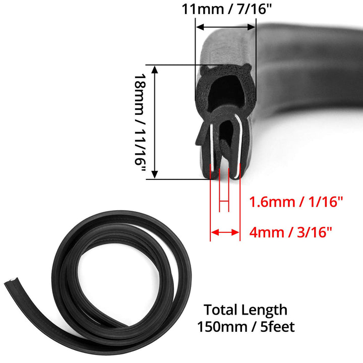 5 Feet EPDM Rubber Trim Seal with Top Bulb, Fits Edge 1/16 to 1/8
