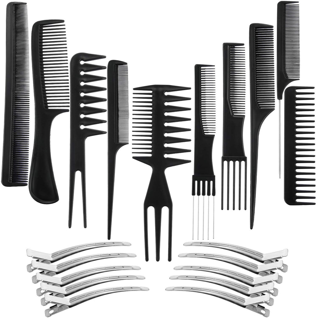 Barber Hair Styling Comb Set with Duck Bill Clips, 10 Pieces Each, Salon Anti-static Stylists Comb Clip Set for Women Men (Black)
