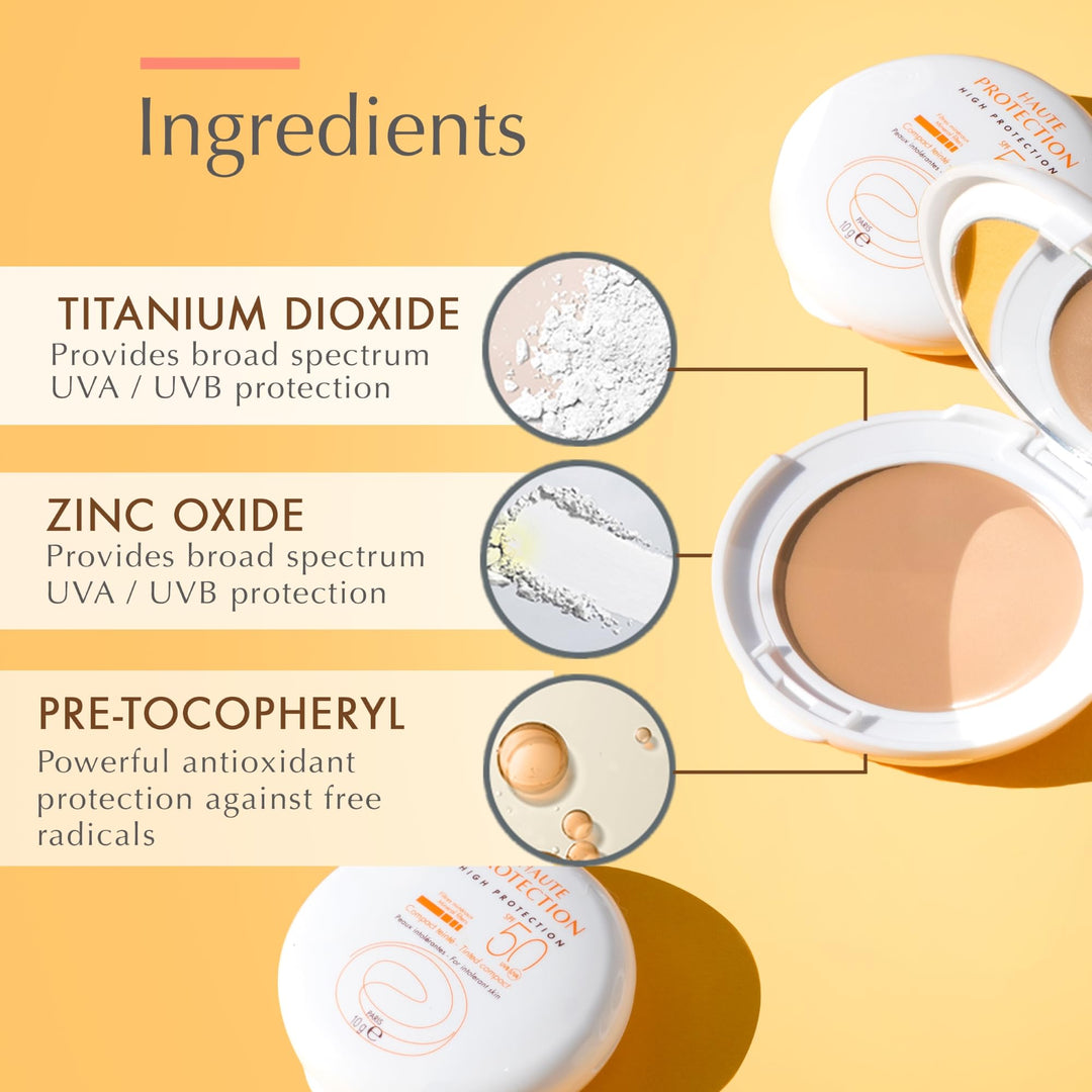 Eau Thermale Avene High Protection Beige Tinted Compact, Broad Spectrum SPF 50+, UVA/UVB Blue Light Protection, Water Resistant, Non-Greasy, 0.35 oz.