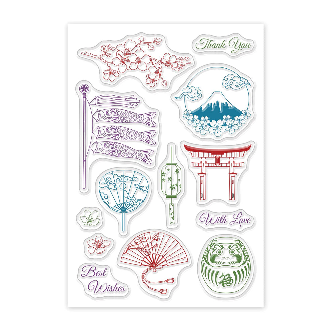 Japanese Culture Silicone Clear Stamps with Flower Flower Fan Lantern Style for Card Making DIY Scrapbooking Photo Album Decorative Paper Craft,6.3x4.3 Inches