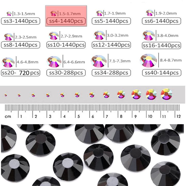 1440 Pieces SS4 Flatback Rhinestones, 1.5MM Flatback Crystal Rhinestones for Craft Nails Dance Costumes, Non Hotfix Rhinestones, Jet Black