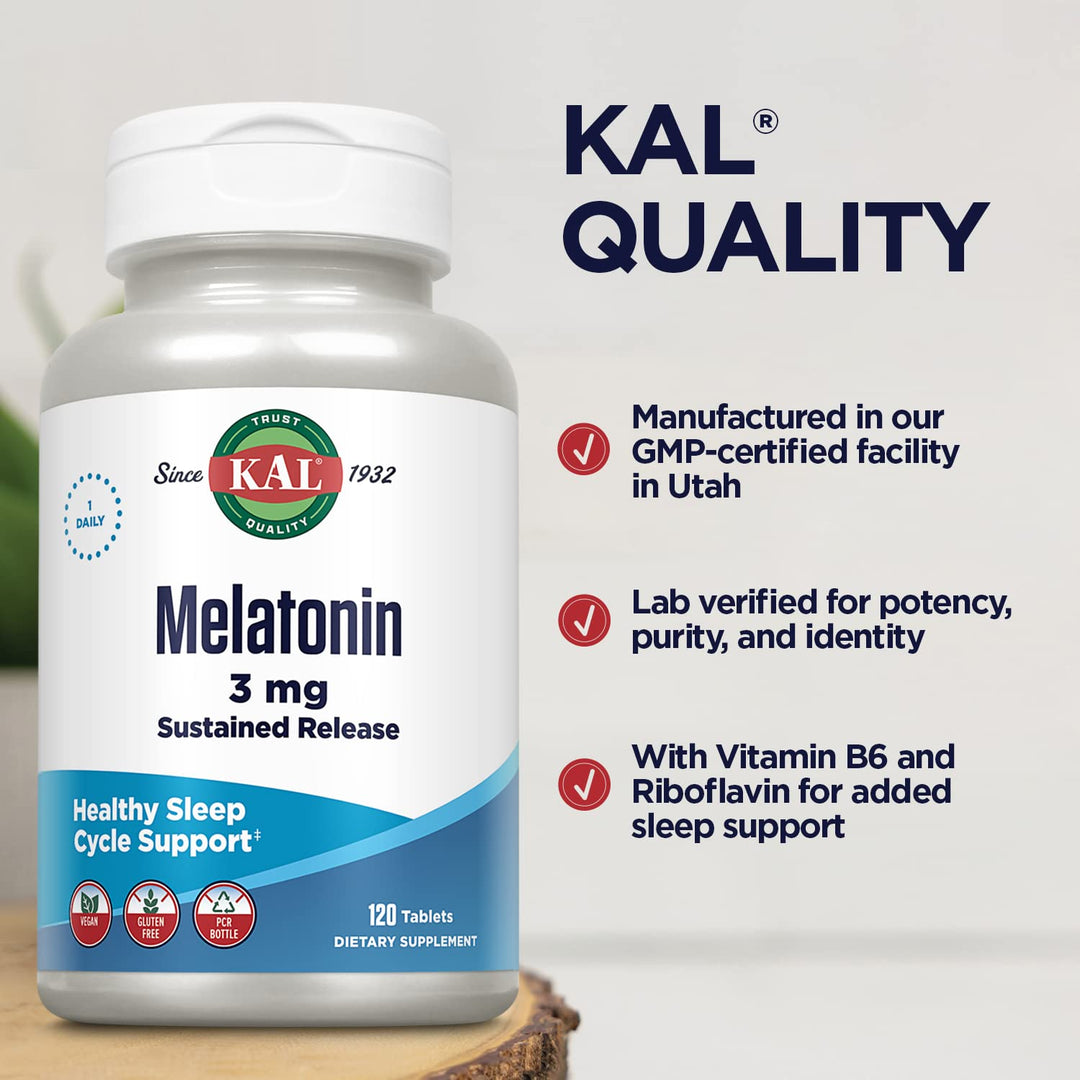 Melatonin 3mg Sustained Release Sleep Aid, Melatonin Supplement Supports Healthy Relaxation, a Calm Feeling and a Proper Sleep Cycle, w/Added Vitamin B6, Vegan, Gluten Free, 120 Serv, 120 Tablets
