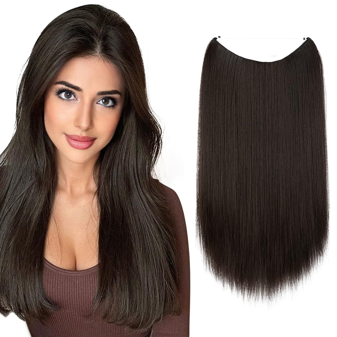 Invisible Wire Hair Extensions Straight Long Synthetic Hairpieces 22 Inch Adjustable Transparent Headband for Women Black Brown