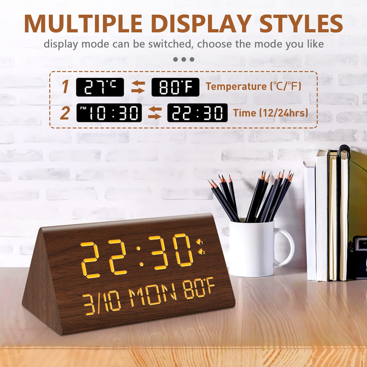 Wooden Digital Alarm Clock, 0-100% Dimmer, 2 Alarm Settings, Weekday/Everyday Mode, 9 Mins Snooze, 12/24H, Temperature and Date Display for Office, Travel, Bedroom Alarm Clock (Brown)