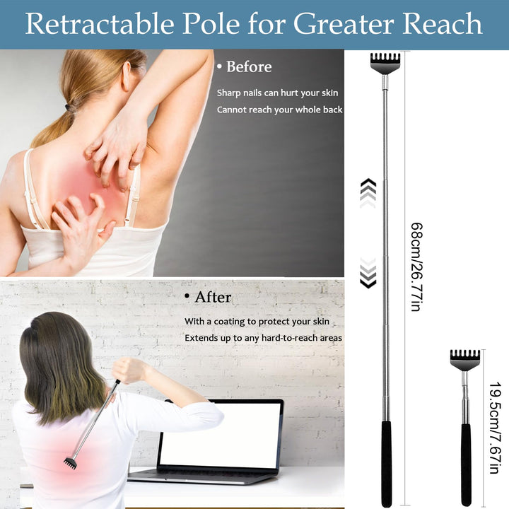 3 Pack Back Scratcher Extendable Metal Portable Back Scratcher for Men Women Adults, Telescoping Back Massager with Rubber Handles, Stocking Stuffers Gadgets