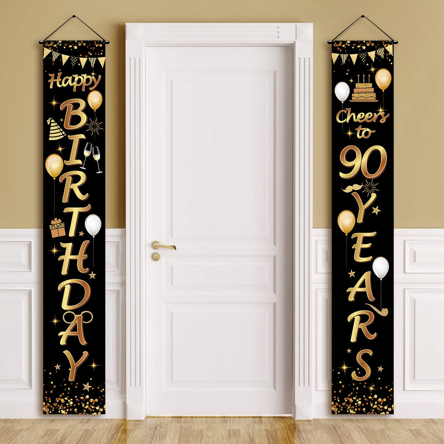 2 Pieces 90th Birthday Party Decorations Cheers to 90 Years Banner Porch Sign Door Hanging Banner 90th Party Decorations Welcome Porch Sign for 90 Years Birthday Supplies, 71 x 12 Inches