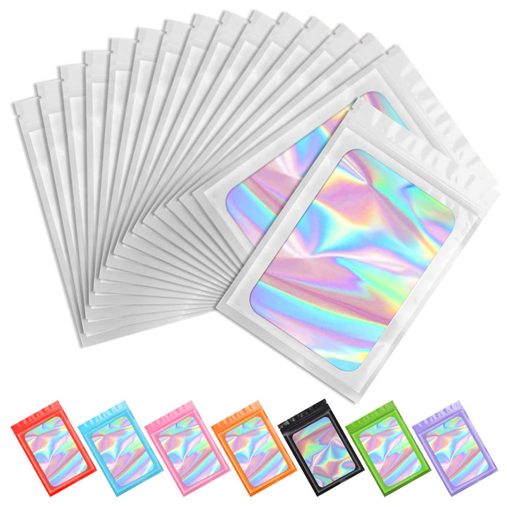 Funfery 100 pcs White Holographic Mylar Packaging Bags,Clear Sealing Resealable Smell Proof Bags Foil Pouch Zipper Bags for Food Storage,Lipgloss,Jewelry,Eyelash Packaging for Small Business(4x6In)