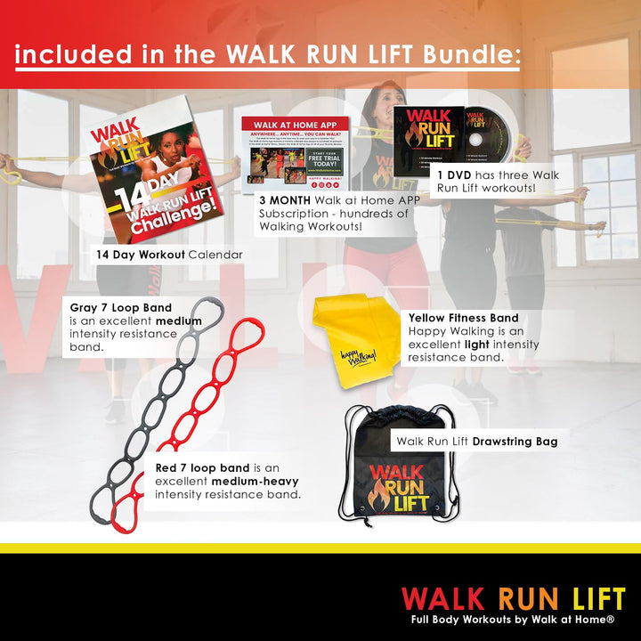 Walk Run Lift Band Bag Bundle with 7 Ring Resistance Bands, Happy Walking Firm Band, 1 DVD (3 Workouts) and Drawstring Bag for Home Workout Walking Exercise