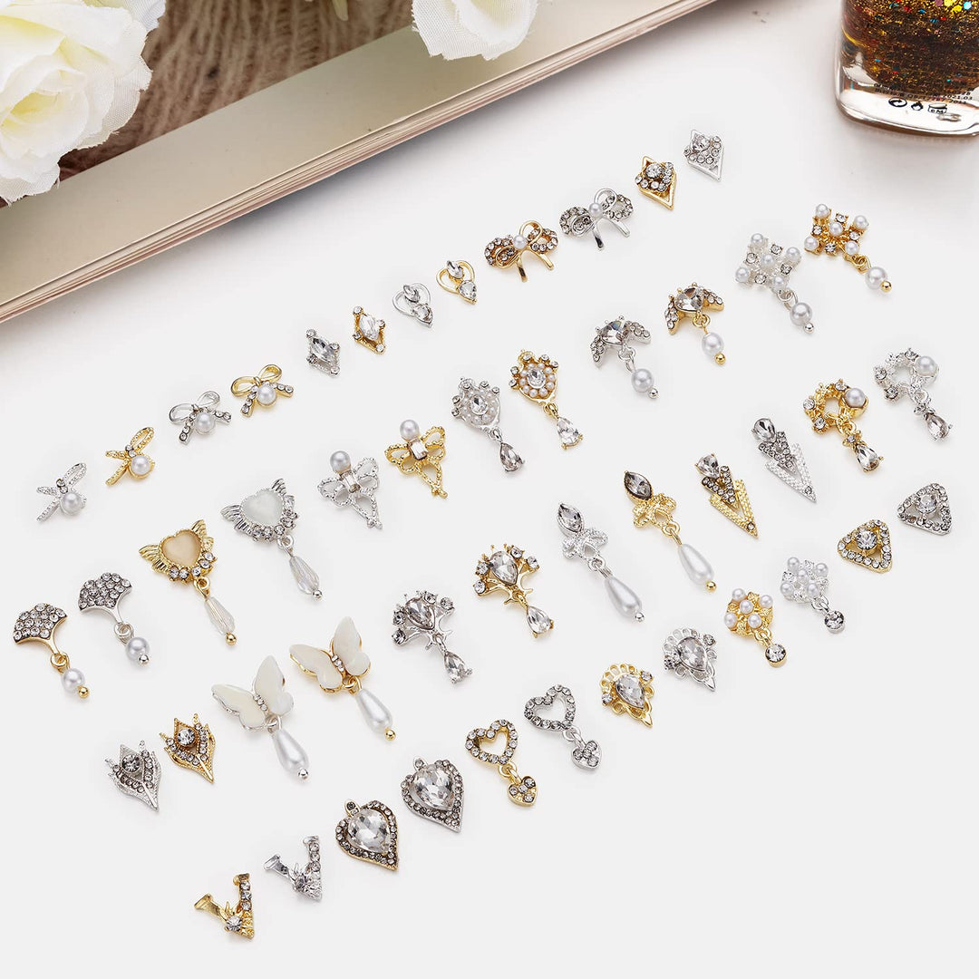 48PCS 3D Bow Nail Art Charms Rhinestones, Luxury Metal Crystal Diamonds with Pearls for Nail Design, Dazzling Heart Butterfly Pendant Gems for DIY Salon Manicure Decoration Jewelry Crafting
