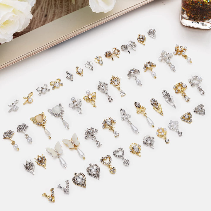 48PCS 3D Bow Nail Art Charms Rhinestones, Luxury Metal Crystal Diamonds with Pearls for Nail Design, Dazzling Heart Butterfly Pendant Gems for DIY Salon Manicure Decoration Jewelry Crafting