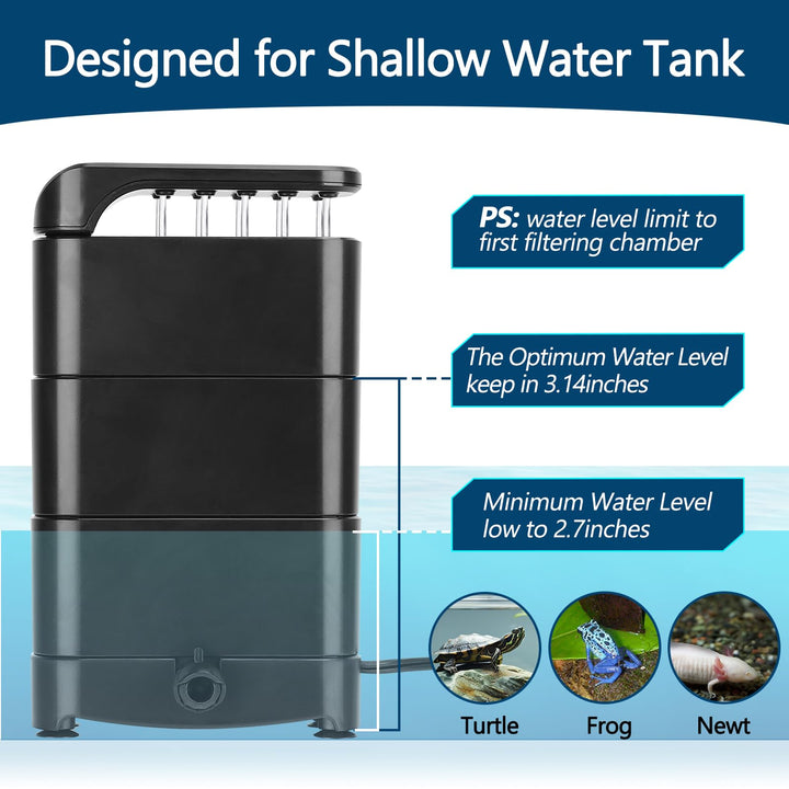 150GPH Turtle Filter with 2 Sponges Bio Ball, 3-in-1 Water Circulation Draining Bio Filtration Amphibian Tank Filter 5 to 35 Gallon for Reptile Frog