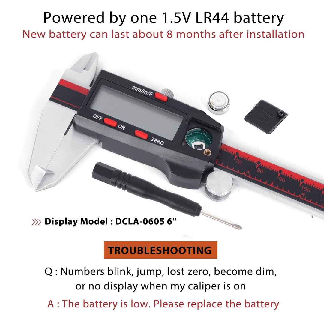 Digital Caliper, DCLA-0605 0-6 Inch/150mm, Inch/Millimeter/Fraction Conversion, Stainless Steel, Large LCD Screen