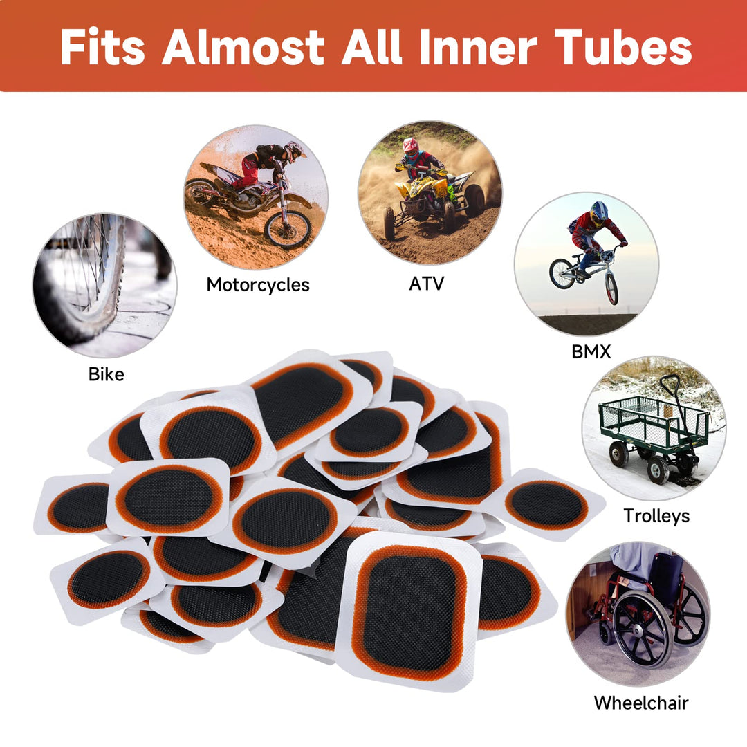 Bike Inner Tire Patch Repair Kit - with 11 PCS Vulcanizing Patches, 6 PCS Pre Glued Patchs, Portable Storage Box, Metal Rasp and Lever - Also for Motorcycle, BMX and Inflatable Rubber.