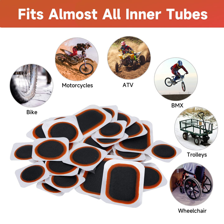 Bike Inner Tire Patch Repair Kit - with 11 PCS Vulcanizing Patches, 6 PCS Pre Glued Patchs, Portable Storage Box, Metal Rasp and Lever - Also for Motorcycle, BMX and Inflatable Rubber.