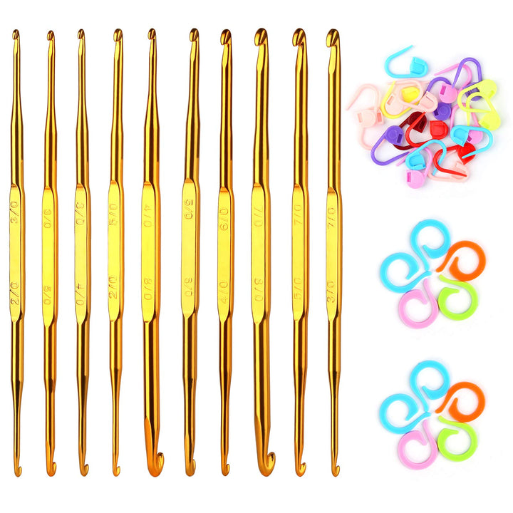 Crochet Needle Set, Include 10 PCS Small Double End Golden Aluminum Crochet Hooks Sweater Yarn Knitting Needles, 10 PCS Knitting Crochet Markers Ring, 10 PCS Knitting Stitch Markers for Craft