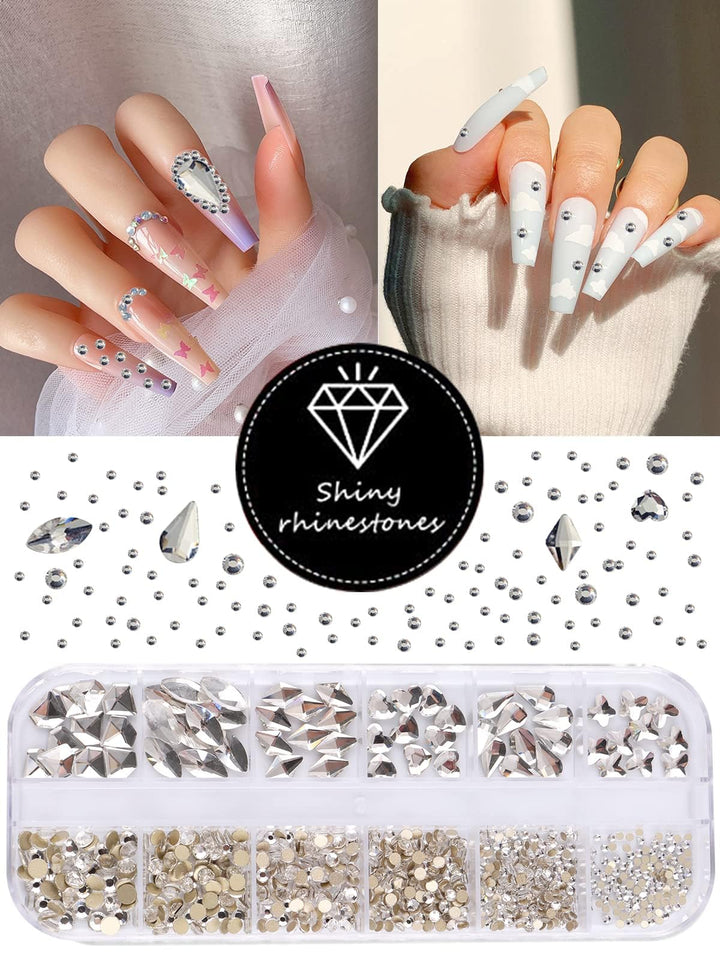 Crystals for Nail Art Rhinestones Flatback Nail Diamonds Gems 3D Nail Art Hearts Rhombus Round Shaped Rhinestones for Nails Crystals with Tweezers