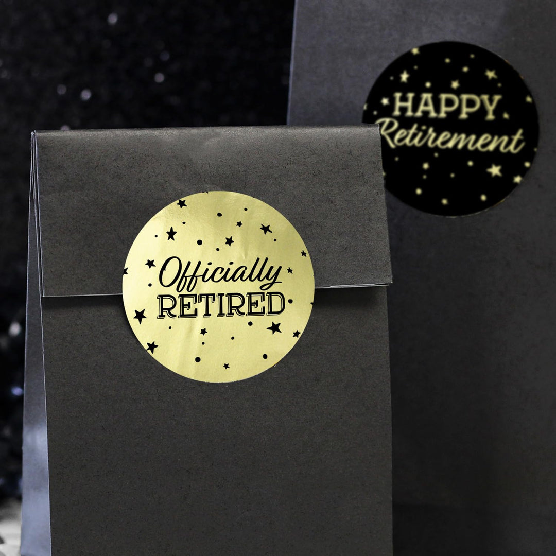 Black and Gold Retirement Party Favor Labels - 1.75 in Shiny Foil - 40 Stickers