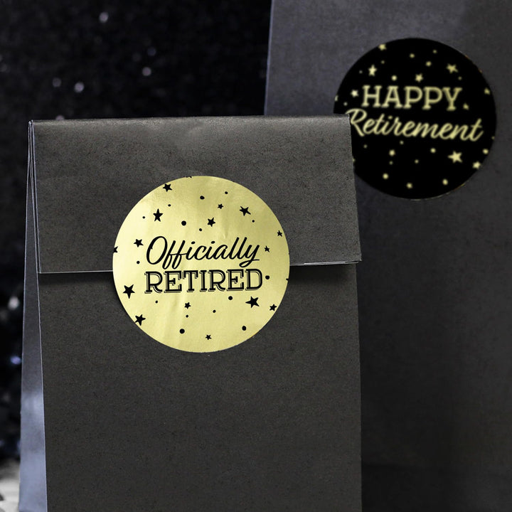 Black and Gold Retirement Party Favor Labels - 1.75 in Shiny Foil - 40 Stickers