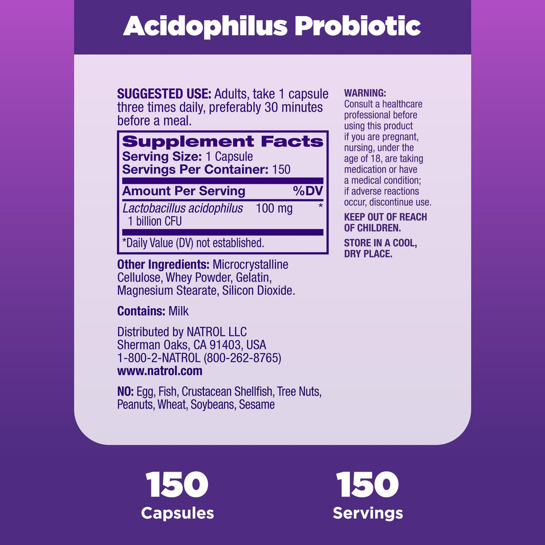 Acidophilus Probiotic 100 mg, Dietary Supplement for Healthy Gut Function, Digestive Health Capsules for Adults, 150 Capsules, Up to a 50 Day Supply