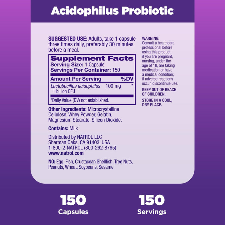 Acidophilus Probiotic 100 mg, Dietary Supplement for Healthy Gut Function, Digestive Health Capsules for Adults, 150 Capsules, Up to a 50 Day Supply