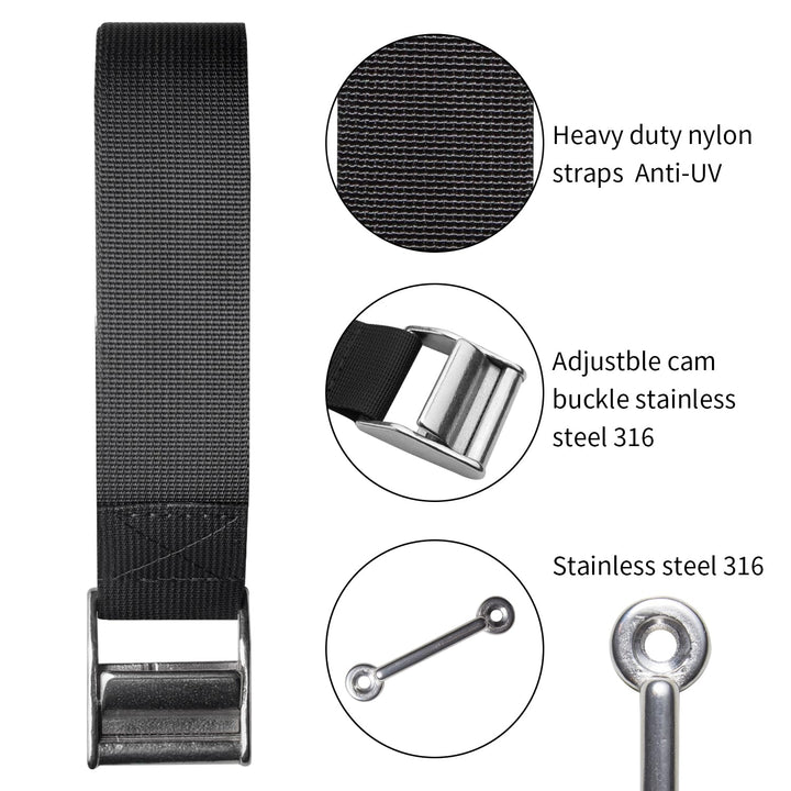 56 Battery Tie Down Strap Kit Battery Hold Down Strap with Stainless Steel 316 Cam Buckle, 4 Stainless Steel 316 Eye Strap Mounts, 8 SS Screws (2 Pack)