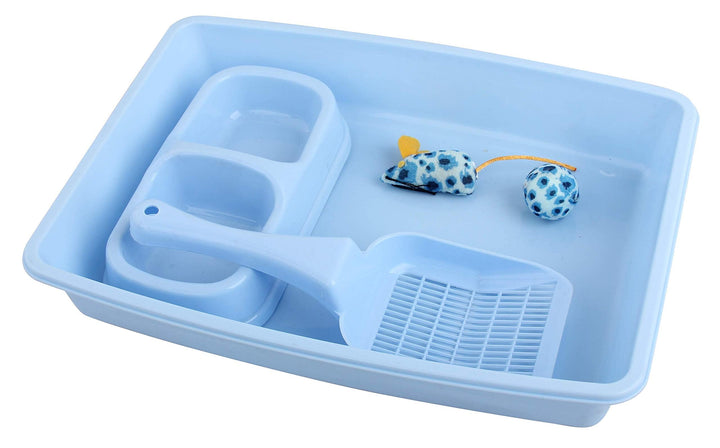 Kitty Litter Box Set Includes 4-Pieces - Shallow Cat Litter Pan, Cat Litter Scooper, Cat Bowls, Cat Mouse Toy, 14.5x10.5 Inches, Blue