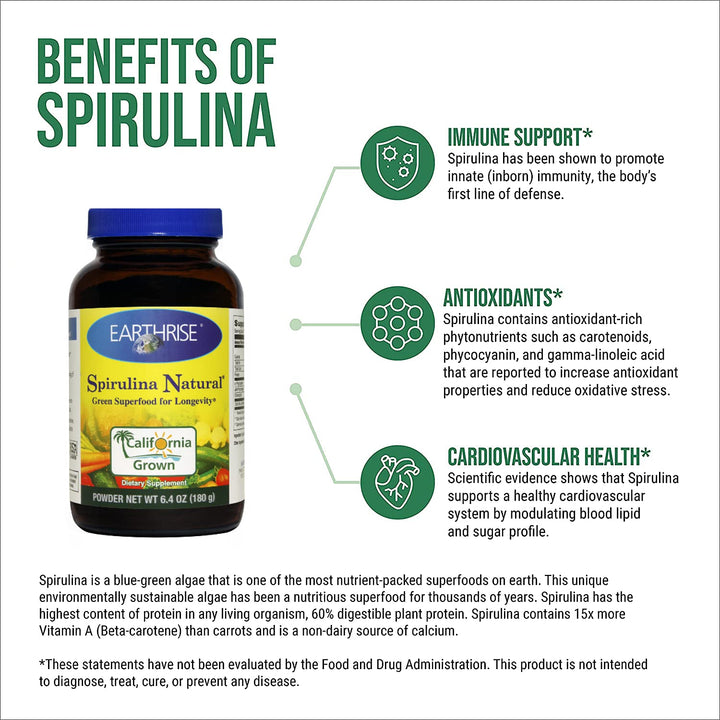 Spirulina Natural 6.4oz Powder, Natural Premium Spirulina from California- Vegan, Gluten Free, Keto Friendly, Non -GMO Super Food high in Vitamins & Minerals.