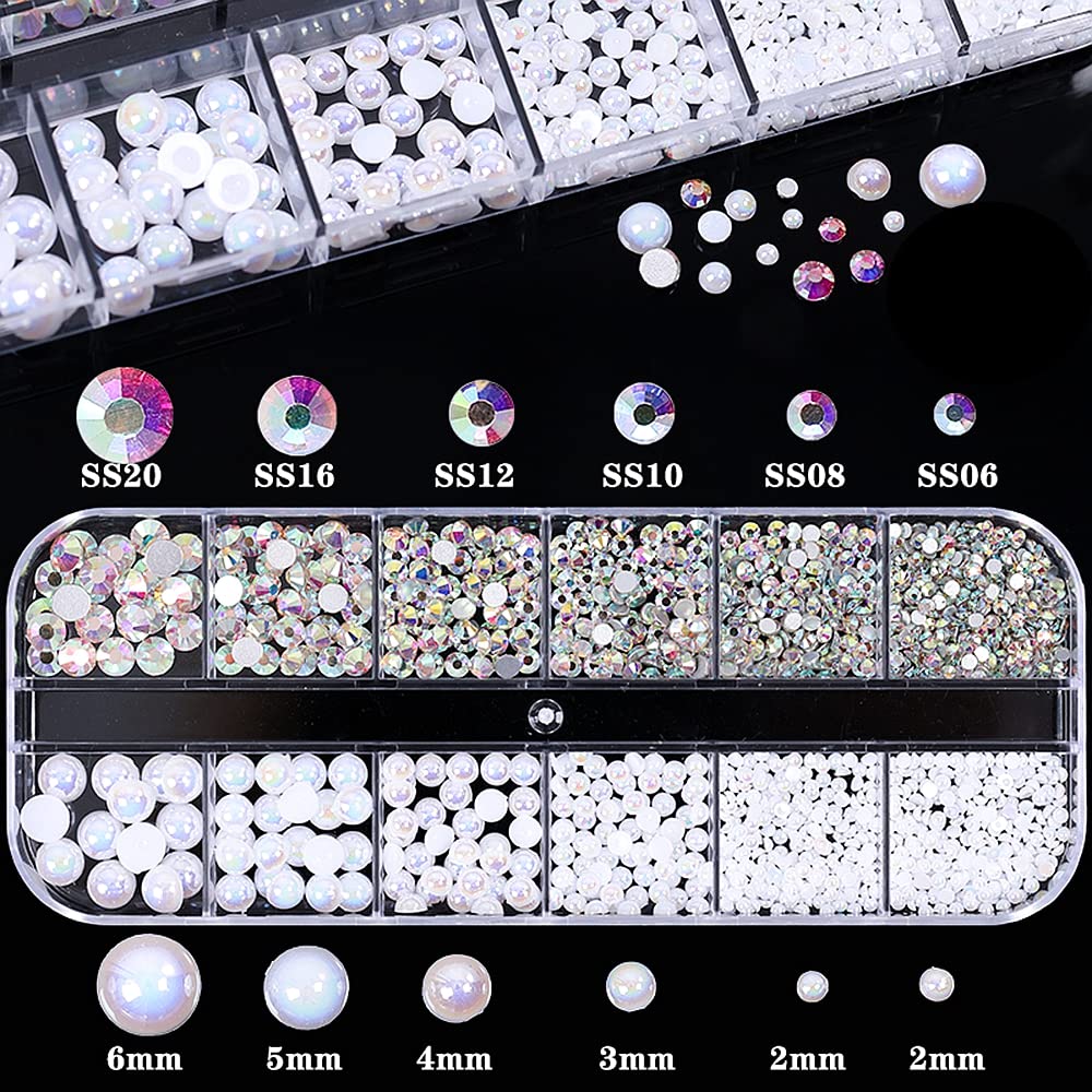 1 Box White AB Nail Pearls and Rhinestones for Nail Art Decoration, Mixed Size Flatback Glass Nail Rhinestones Crystals Gems Acrylic Nail Pearls Nails Accessories Glitter Nail Supplies