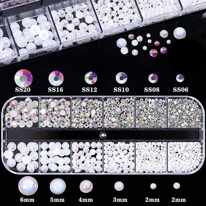1 Box White AB Nail Pearls and Rhinestones for Nail Art Decoration, Mixed Size Flatback Glass Nail Rhinestones Crystals Gems Acrylic Nail Pearls Nails Accessories Glitter Nail Supplies