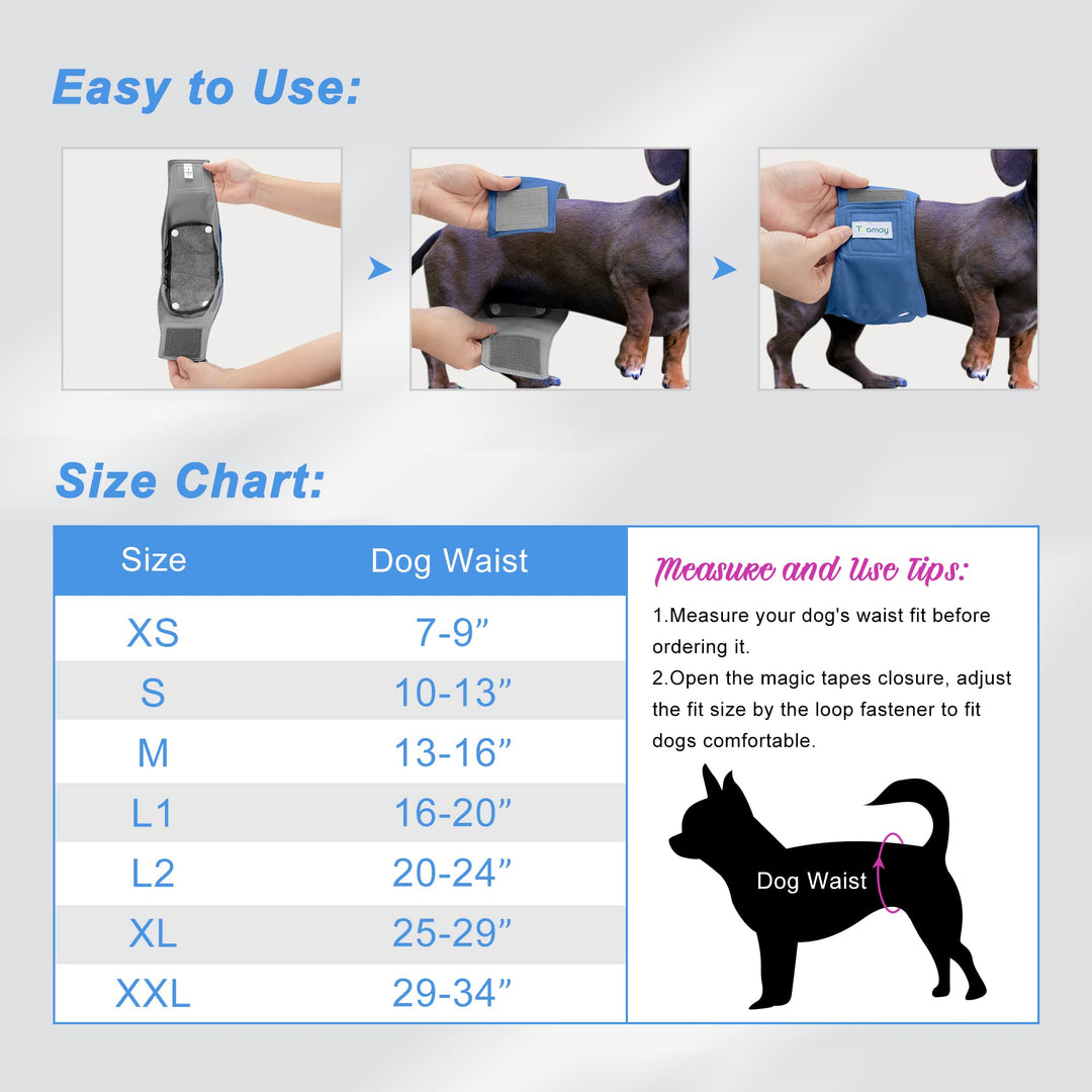 Belly Bands for Male Dogs with Removable Pads, Reusable Washable Puppy Dog Diaper Wraps with Gray Lining(Pack of 3),S