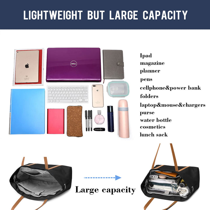 Lightweight Women Laptop Tote Bag for Work, Casual Handbag for Travel Beach College Teacher Black