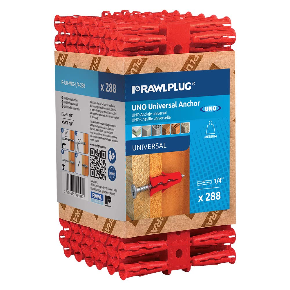 RAWLPLUG® Rawl® Uno Universal Plastic Drywall Anchors 1/4, Drywall, Hollow Wall and Solid Materials, Set of 288 Anchors on a Clip Card (3x96 Anchors)