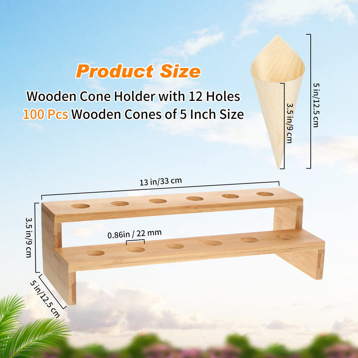 100 Pcs Disposable Wooden Food Cones with 12 Holes Food Cone Display Stand Cone Holder for Charcuterie, Ice Cream, Catered Events, Party or Buffets