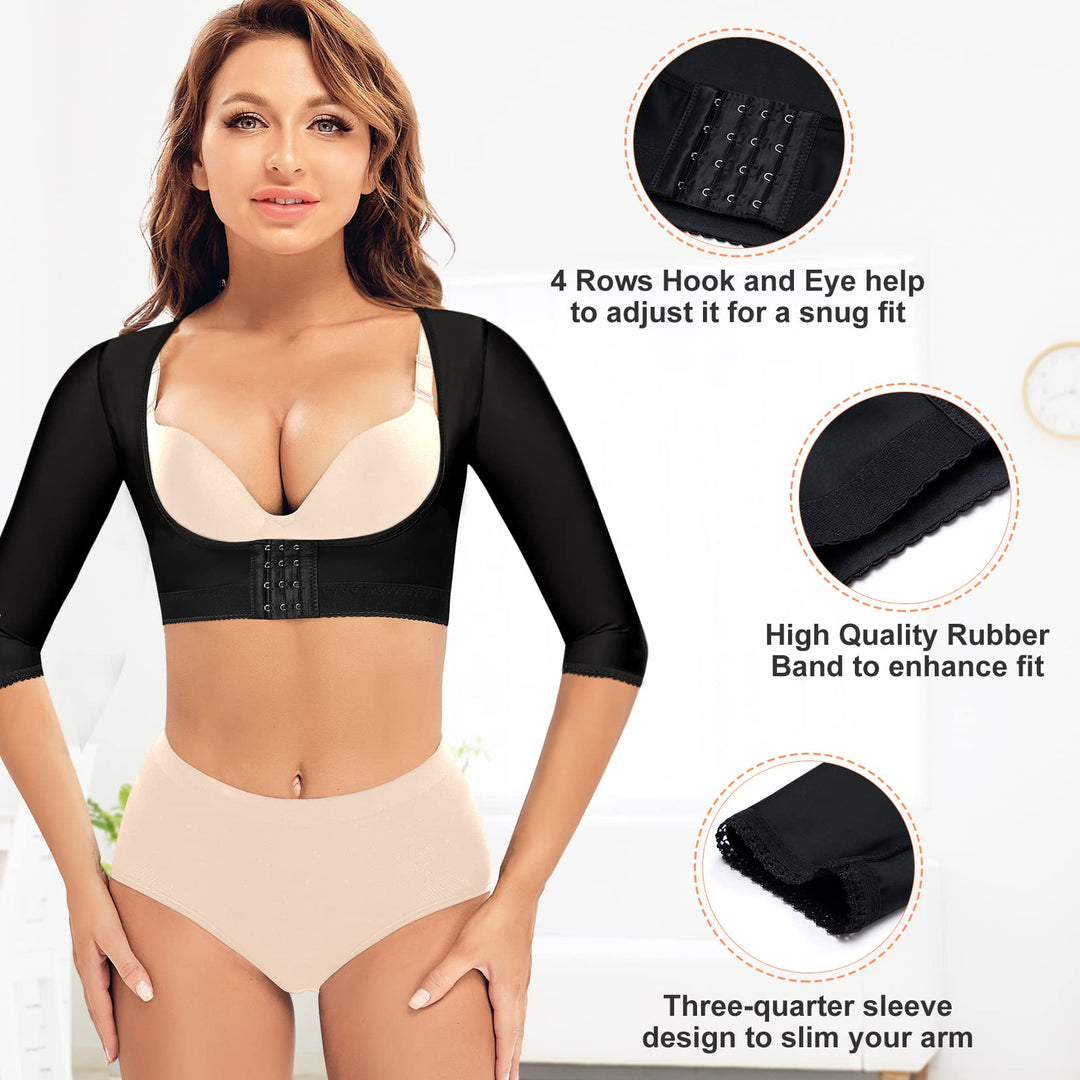 Women Upper Arm Shaper Compression Sleeves Post Surgical Slimmer Humpback Posture Corrector Tops Shapewear (Black, Large)