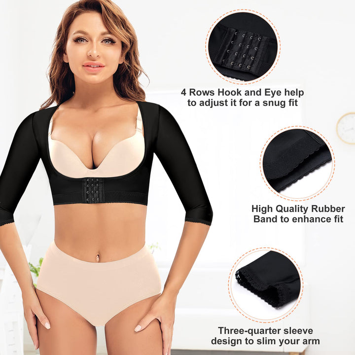 Women Upper Arm Shaper Compression Sleeves Post Surgical Slimmer Humpback Posture Corrector Tops Shapewear (Black, Large)