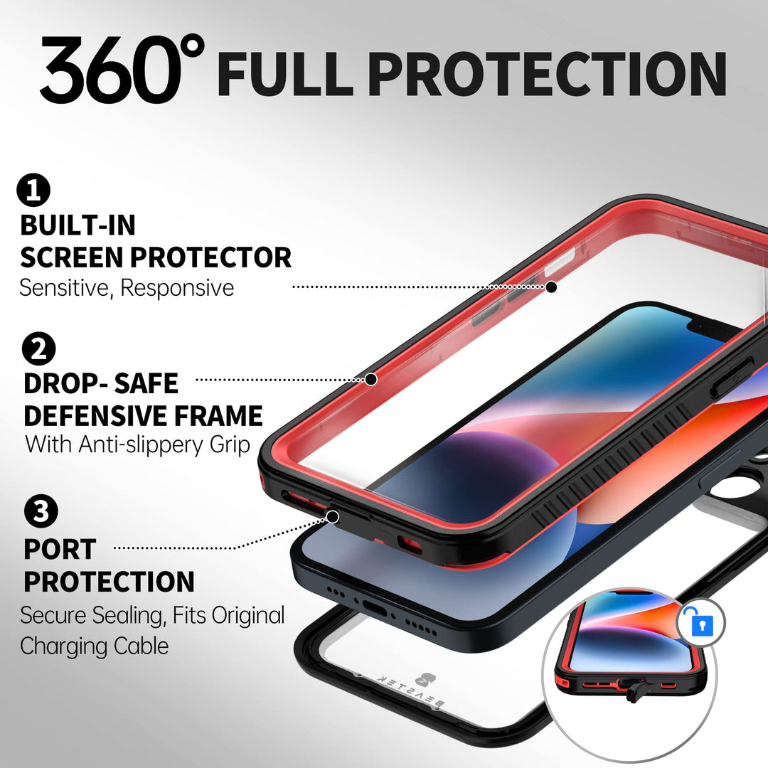 Waterproof Case for iPhone 14, IP68 Underwater Shockproof Dustproof Case, FSN Series with Built-in Screen Protector with Protective Crystal Clear Back Cover, for Apple iPhone 14 (6.1'') (Red)