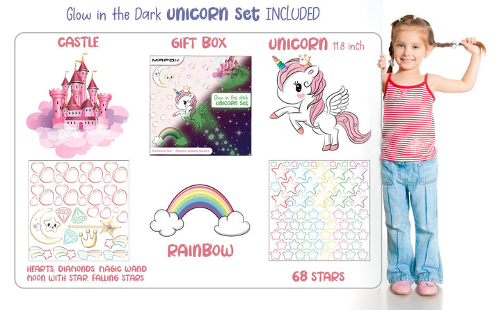 Glow in The Dark Stars, Glowing Unicorn Sets with Castle Moon and Rainbow Wall Decals for Kids Bedding Room, Great for Birthday Gift Wall Mural Stickers for Girls and Boys