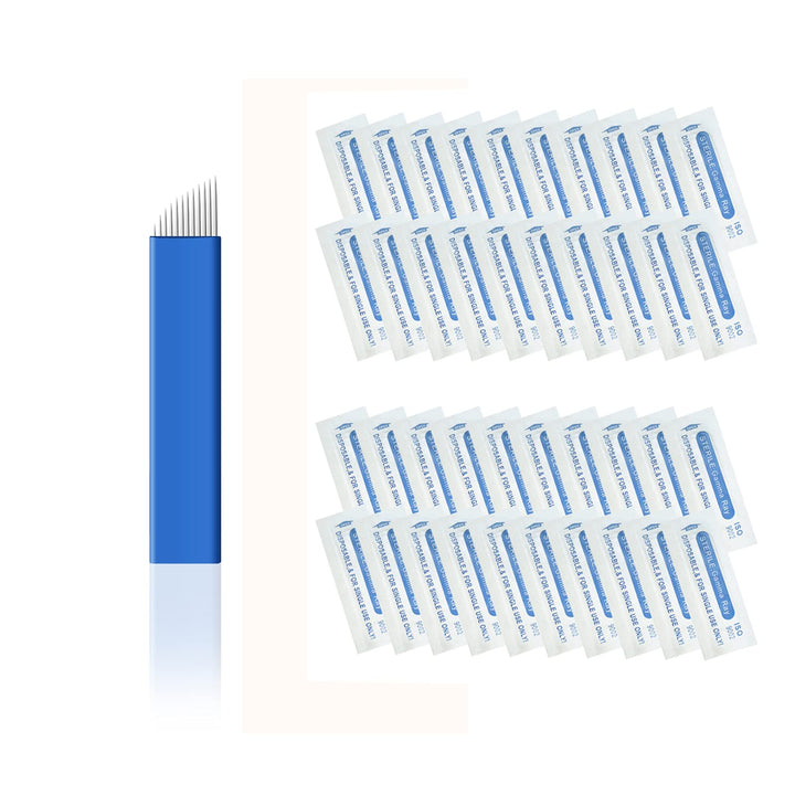 50 Pcs Microblading Blade Micropigmentation Brow Lamination Makeup Manual Eyebrow Henna Disposable Sloped Needle Pin Bevel Shading (12Pin)