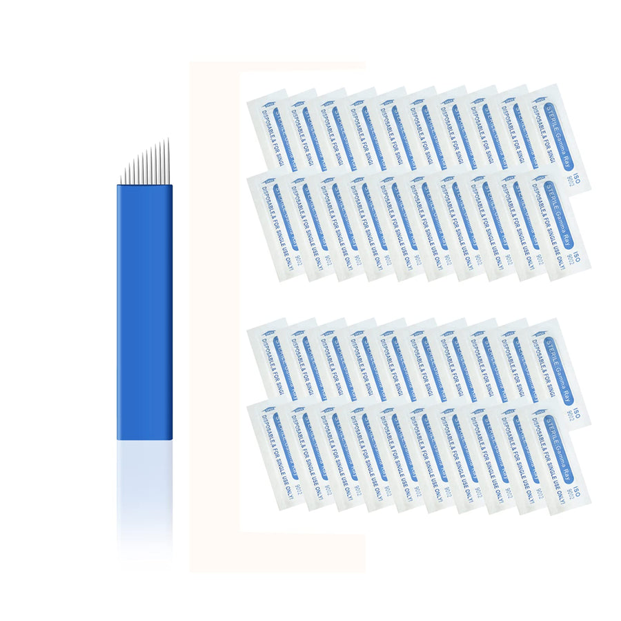 50 Pcs Microblading Blade Micropigmentation Brow Lamination Makeup Manual Eyebrow Henna Disposable Sloped Needle Pin Bevel Shading (12Pin)