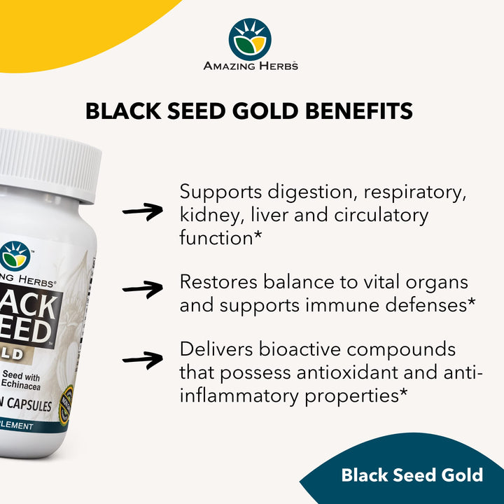 Whole Spectrum Black Seed Gold - Black Cumin Seed with Goldenseal & Echinacea, Gluten-Free & Non-GMO, Immune Support, Promotes Health & Wellness - 60 Count