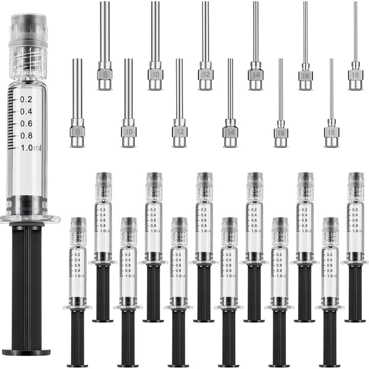 24 Pieces Borosilicate Glass Syringes Set Include 12 Pieces 1 ml Borosilicate Glass Syringe Lock and 12 Pieces Stainless Steel Lock Dispensing Needle for Thick Liquids, Ink Use