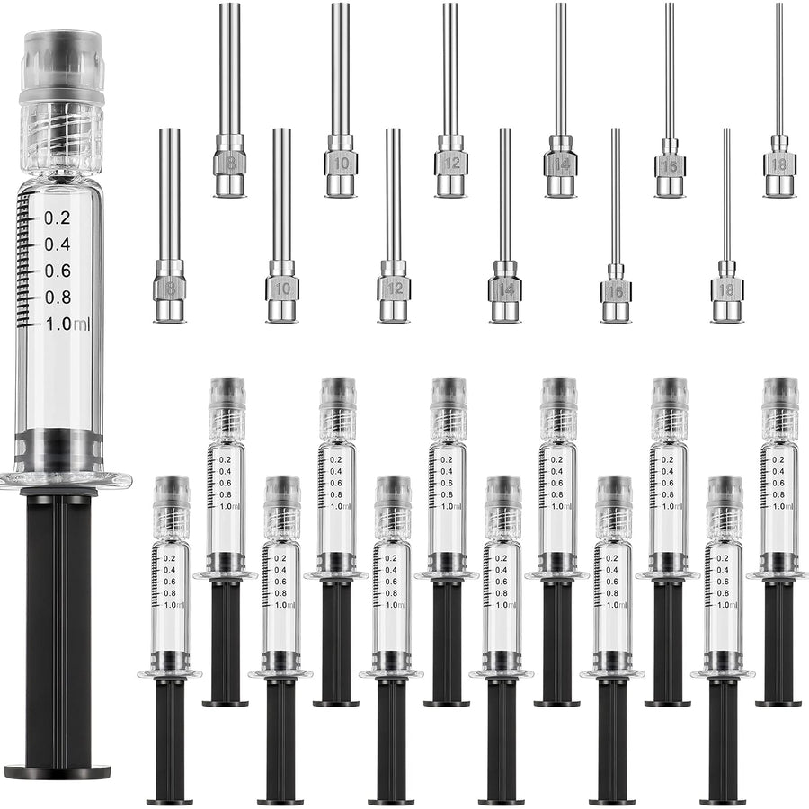24 Pieces Borosilicate Glass Syringes Set Include 12 Pieces 1 ml Borosilicate Glass Syringe Lock and 12 Pieces Stainless Steel Lock Dispensing Needle for Thick Liquids, Ink Use