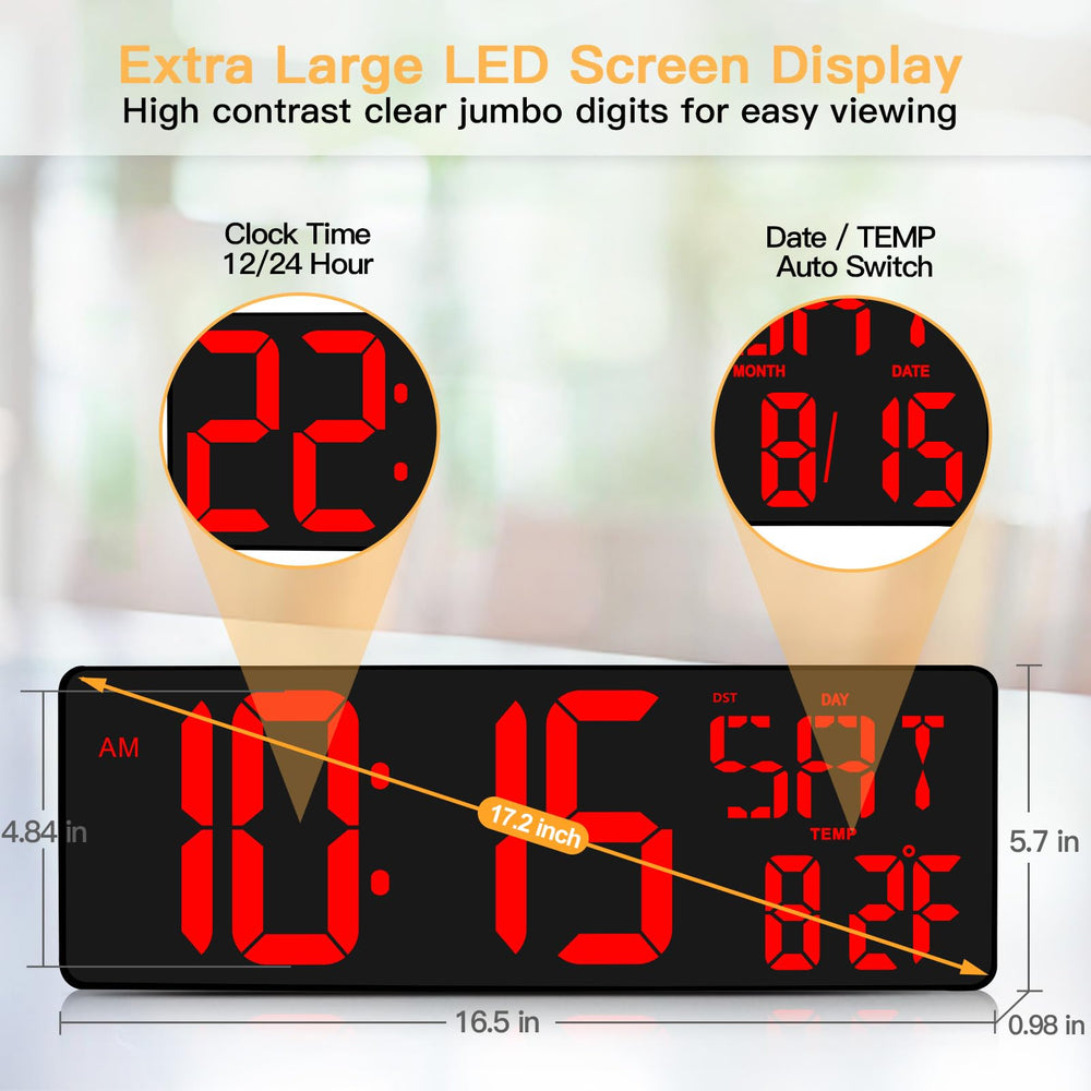 Large Digital Wall Clock with Remote Control, 17.2 Inch LED Large Display Count Up & Down Timer, Adjustable Brightness Alarm Clock with Day/Date/Temperature for Home, Gym, Office and Classroom