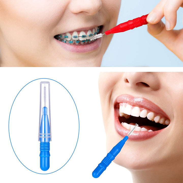 50 Piece Interdental Brush Toothpick Dental Tooth Flossing Head Braces Oral Dental Hygiene Interdental Brush Dental Flosser Toothpick Cleaners Tooth Cleaning Tool (Red, Blue)