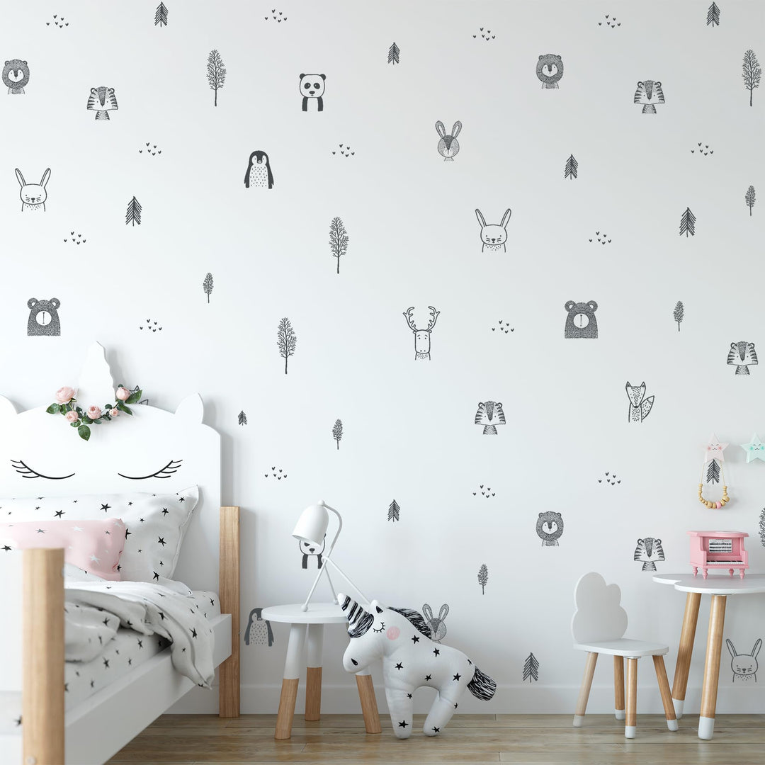 Stylish Animal Wall Decals - Charming Jungle Nursery Decor, Nordic Style Safari Wall Decals for Baby Room Decor, Black & White Jungle Wall Decals, Peel and Stick.