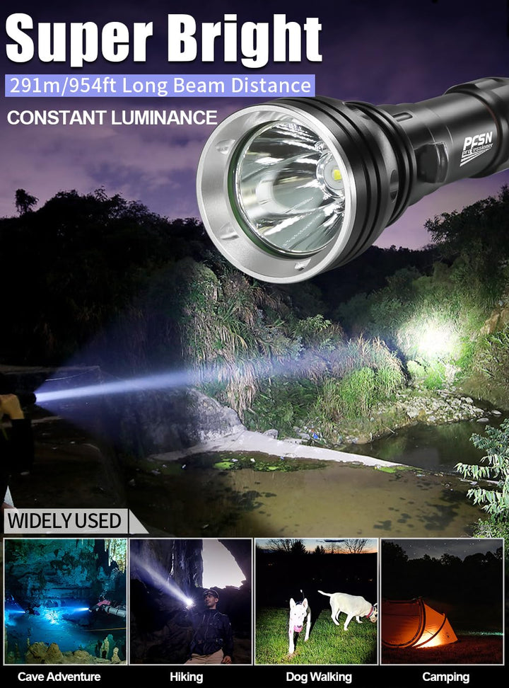 PFSN DF-3000 Professional Underwater Flashlight, 150m Waterproof Dive Torch with Long Lasting Rechargeable Battery, Super Bright Light Great for Night Caving, Explore, Spearfishing