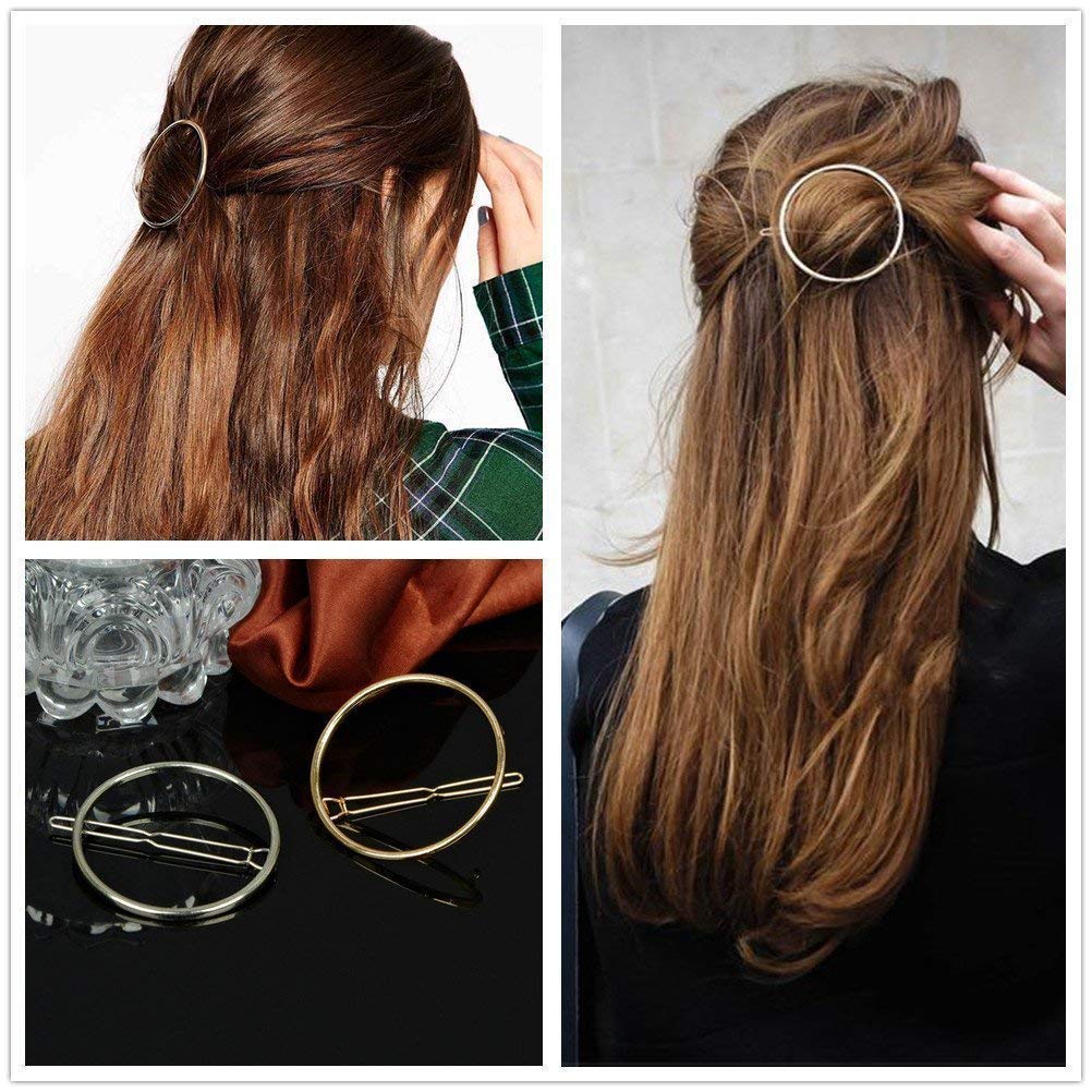 Hollow Hoop Round Circle Geometric Metal Hair Clip Bobby Pin Ponytail Holder Hair Accessories for Women and Girl (2 Pcs/Lot,1 Gold & 1 Silver)