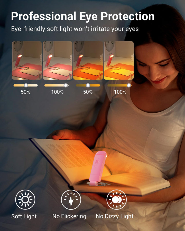 Book Reading Light, USB Rechargeable Booklight for Reading in Bed, LED Clip On Book Lights for Kids, Bookworms, Blue Light Blocking, 4 Brightness Adjustable for Eye Care (Pink)