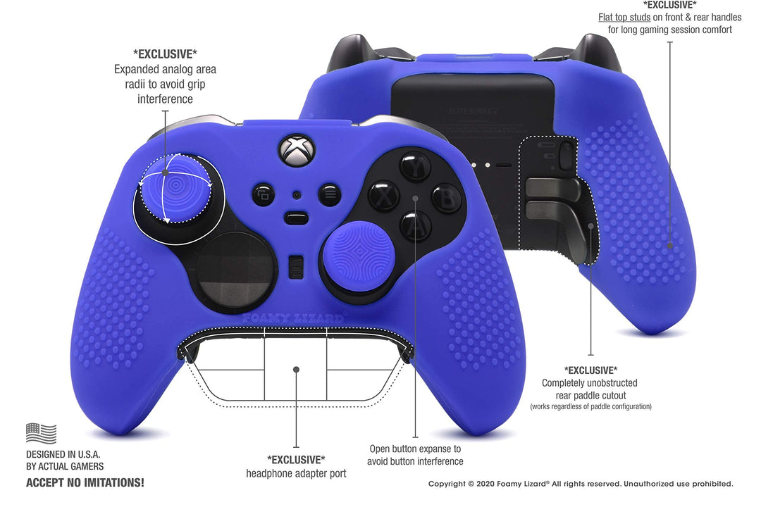 Elite Series 2 Studded Grip Skin for Xbox One Elite Series 2 Controller (NOT for Series X/S/Elite 1) - Sweat Free Silicone w/Flat Top Anti-Slip Studs + 8 QSX-Elite Thumb Grips (Blue)